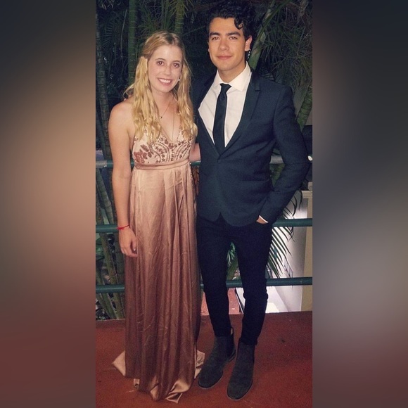 Formal Brown/Tan Floor Length Dress with Slit and sequin bodice - Picture 2 of 3